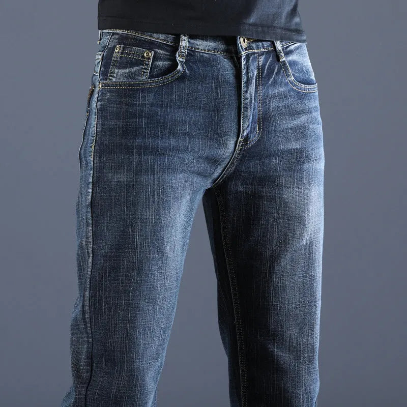 Men's summer thin straight slim stretch casual cotton trousers in blue, mid waist with zipper fly