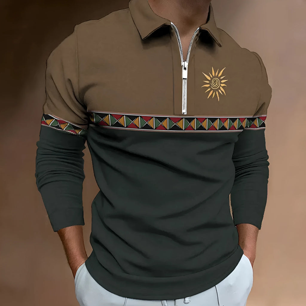 Men's retro striped print long sleeve golf T-shirt with zipper decoration on polyester fabric