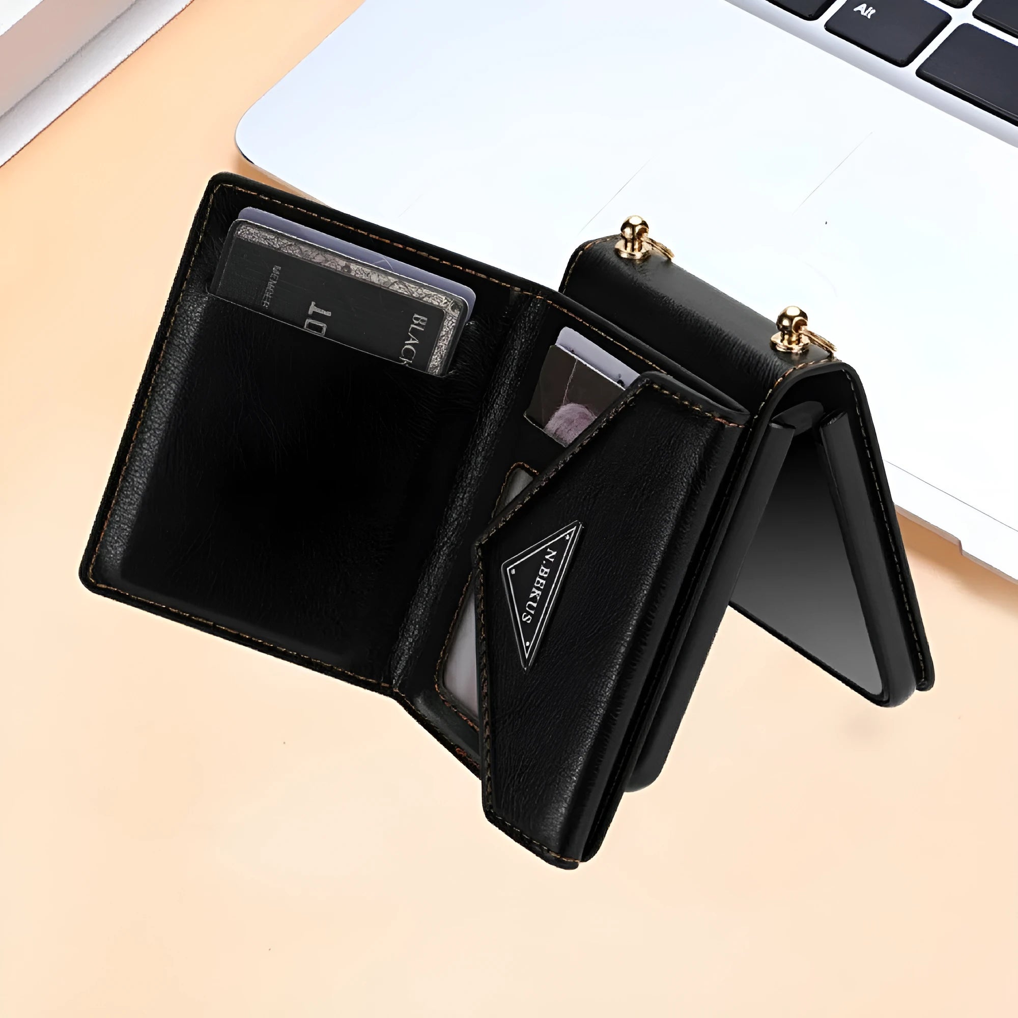 Samsung Flip5 phone case with side zipper card holder and bracket in black PU