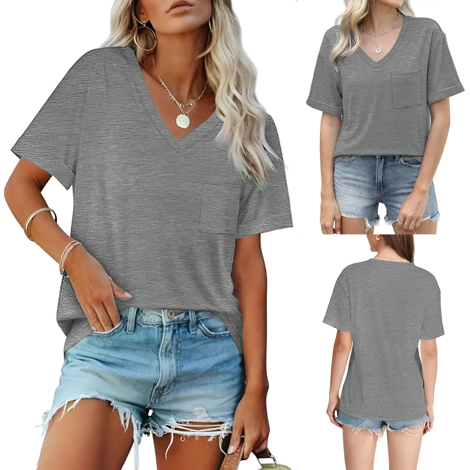 Grey loose fit V-neck short sleeve t-shirt with a chest pocket on a solid background.