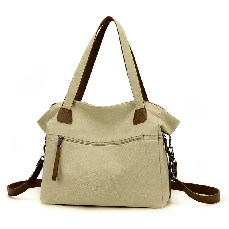 Horizontal square retro canvas bag for women in gray, black, brown, or khaki with internal organisation pockets