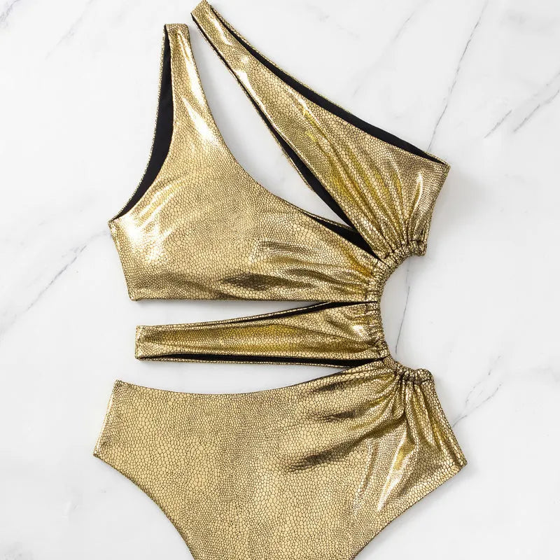 Women's backless one-piece swimsuit in C3177 gold colour with high elasticity spandex construction