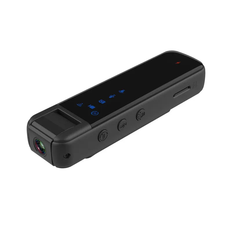 Black plastic HD clip-on magnetic recorder with video and photo functions, shown with optional 16GB memory card.
