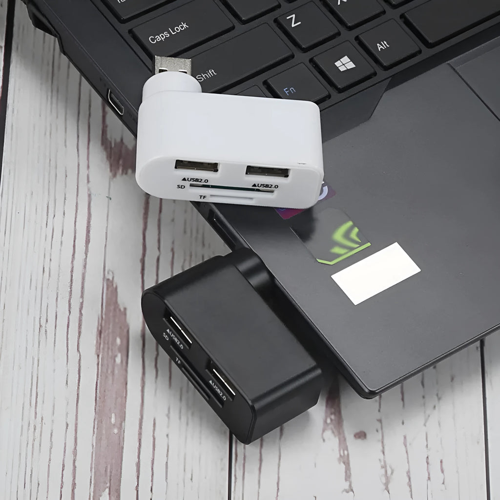 Rotating USB 2.0 hub with three ports and multi-format card reader in black ABS plastic