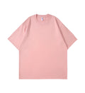 Heavy cotton loose fit short sleeve T-shirt in solid colours on a size chart background.