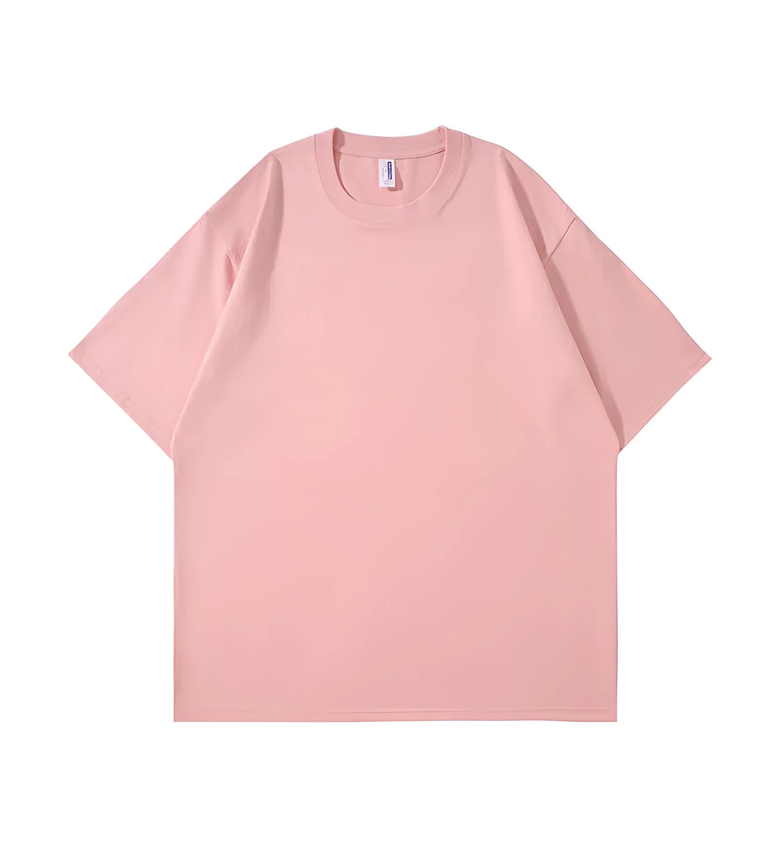 Heavy cotton loose fit short sleeve T-shirt in solid colours on a size chart background.