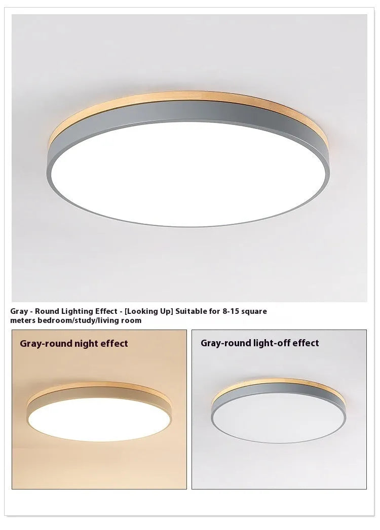 Round solid wood LED ceiling lamp with Nordic design in white finish showing dimmable light feature