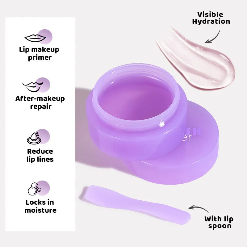 Box containing a 10ml exfoliating and moisturising lip balm with an application scraper