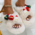 Women's Christmas hat design slippers in faux plush, showing black, khaki, and white colour options.