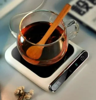 Black USB cup warmer with tempered glass heating plate and temperature controls