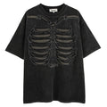 Black loose fit cotton t-shirt with a skull and letter graphic print, drop shoulder sleeves.
