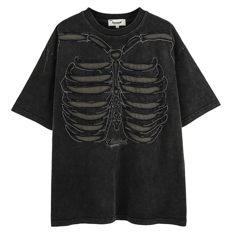 Black loose fit cotton t-shirt with a skull and letter graphic print, drop shoulder sleeves.