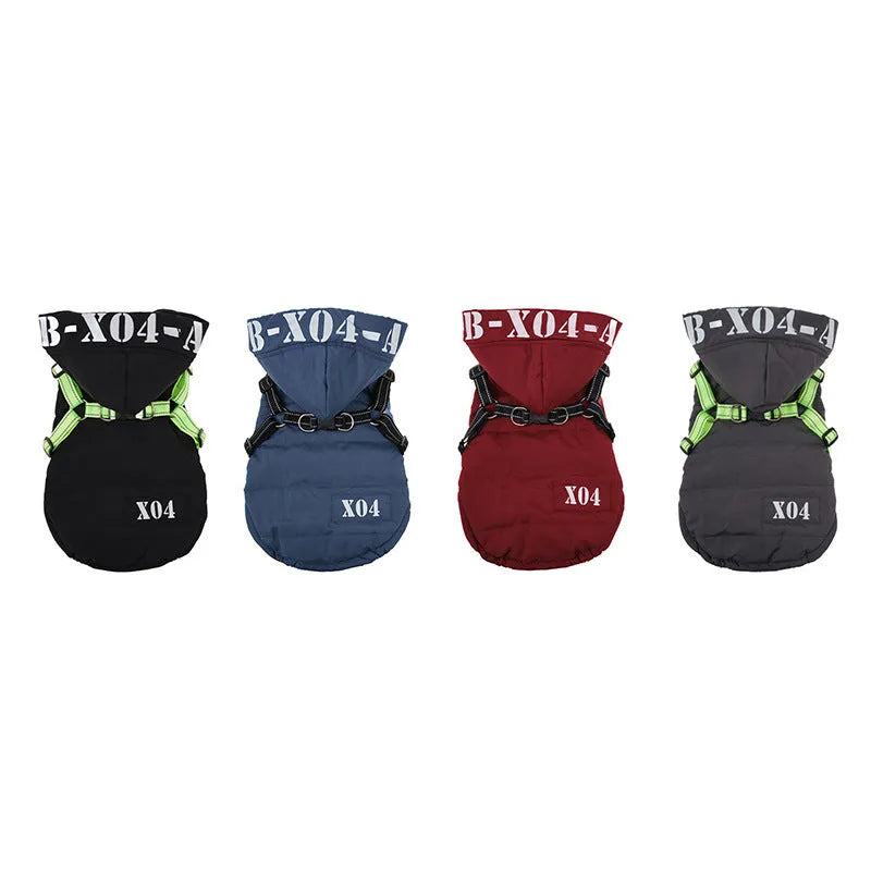 Red hooded dog winter jacket with fleece lining on a small dog outdoors.