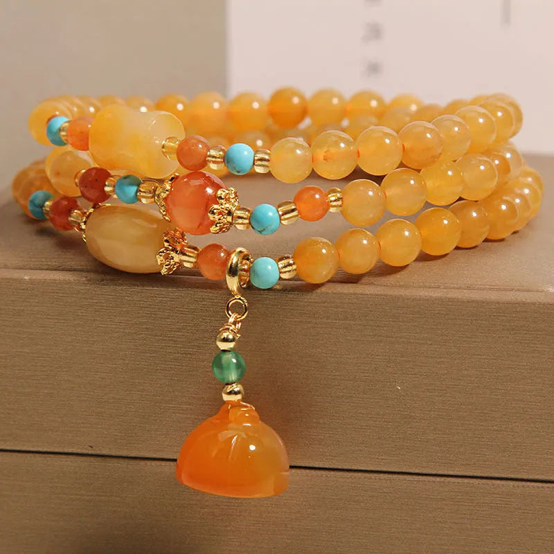 Three-layer jade bracelet with carved lotus seedpod pendant, Jinsi jade, women's retro style