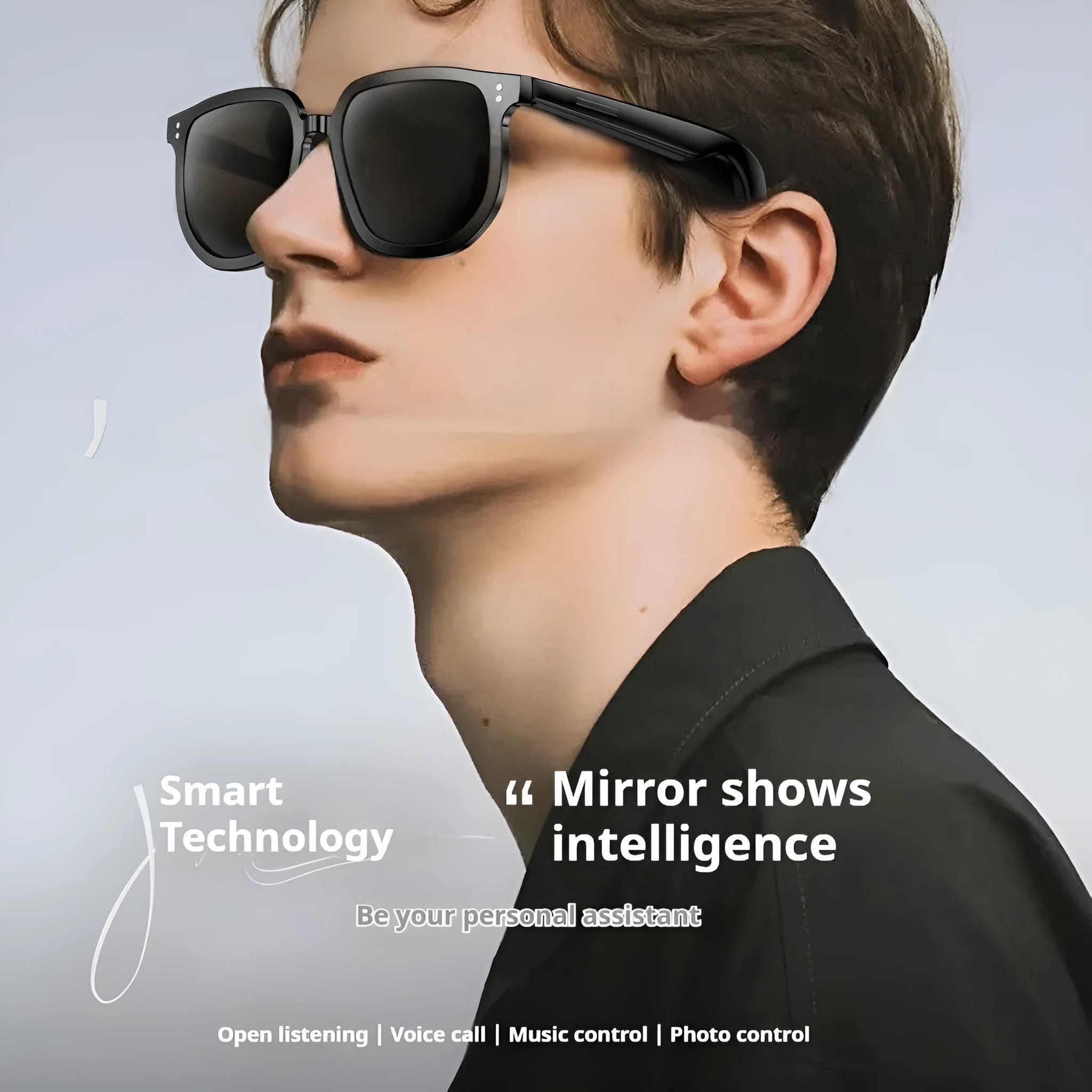 Black AI smart glasses with Bluetooth for audio and built-in UV protection sunglass lenses