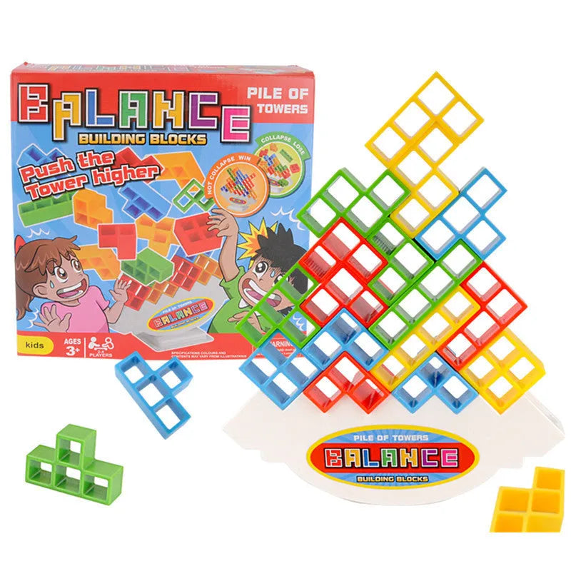 16-piece plastic balance stacking blocks with chassis and base on a table
