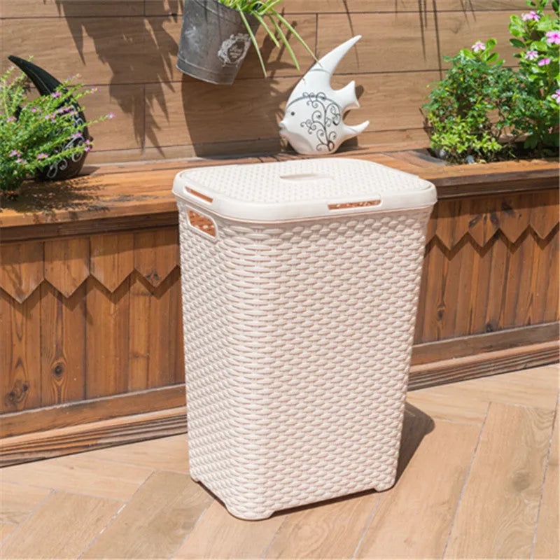 Plastic rattan woven laundry basket in beige, 44x34x62cm polypropylene construction
