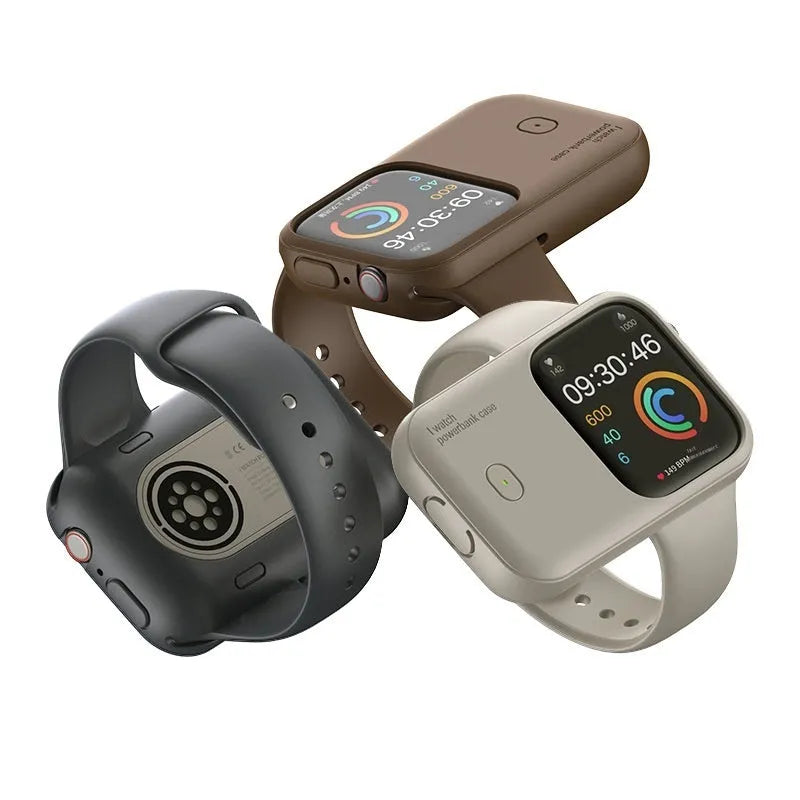 Apple Watch portable charging case with silicone cover, shown in Brown, Midnight Blue, and Starlight colours.