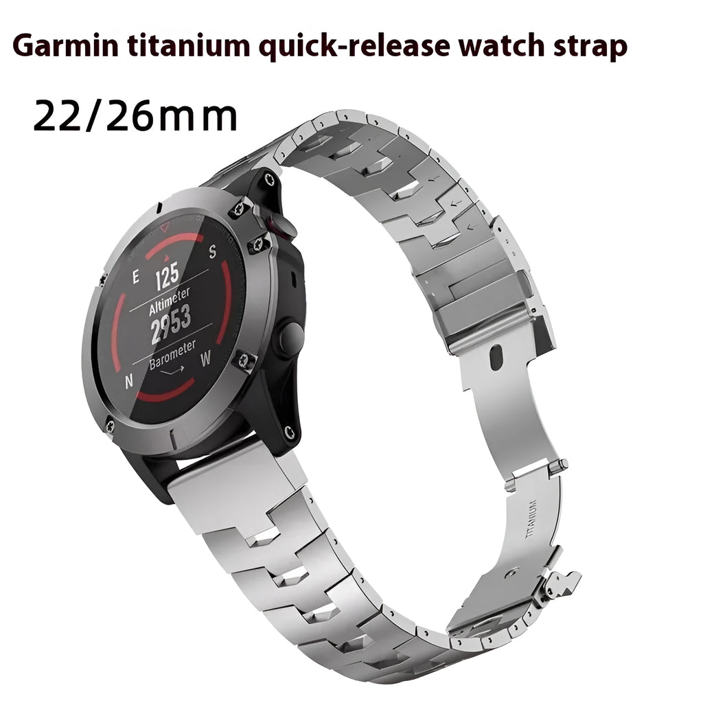 Garmin Jiaming and Fenix compatible watch strap in Black, Silver, and Titanium colour options showing 22mm and 26mm widths