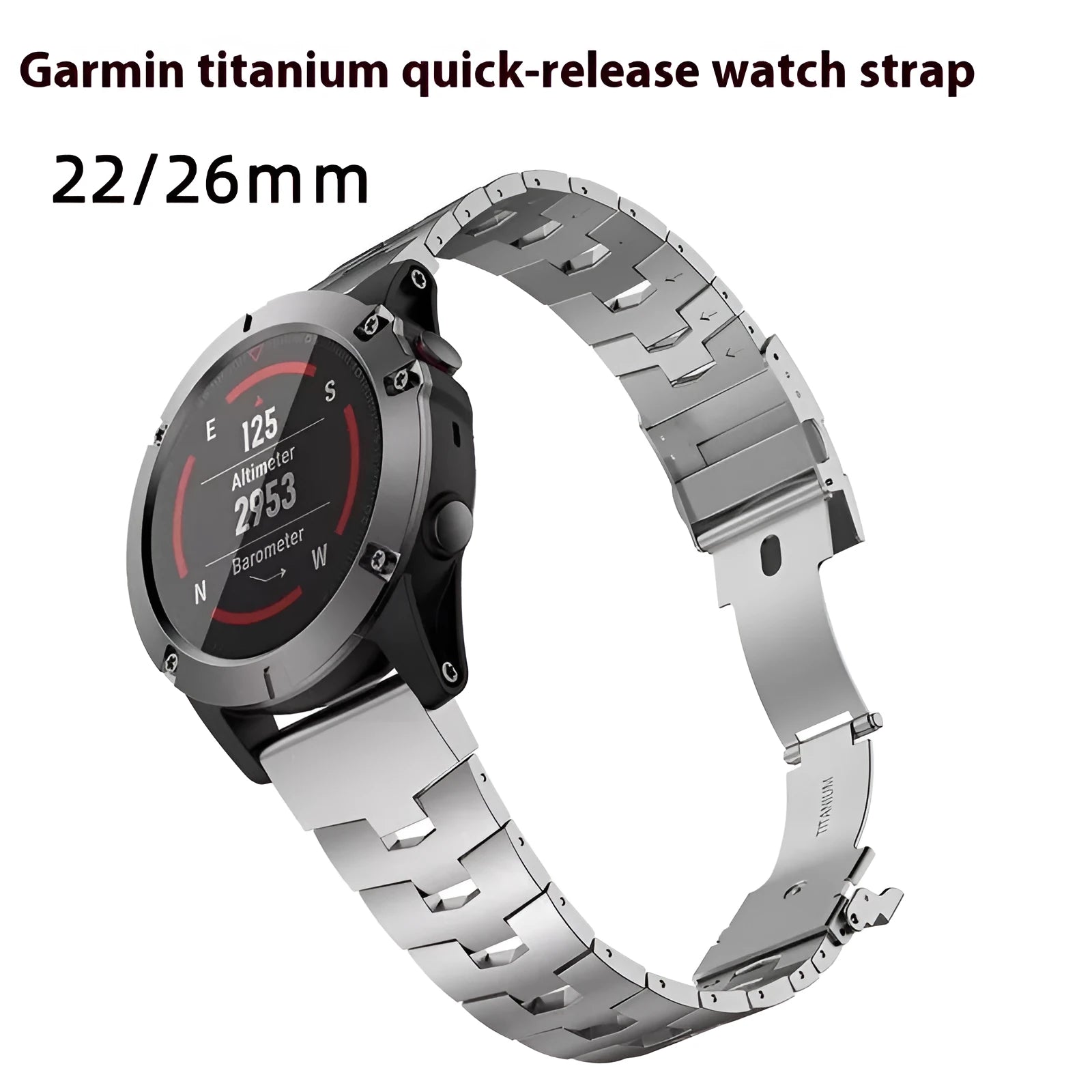 Garmin Jiaming and Fenix compatible watch strap in Black, Silver, and Titanium colour options showing 22mm and 26mm widths