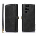 Multi-card leather crazy horse pattern magnetic suction phone case for Samsung with card slots and lanyard, black colour