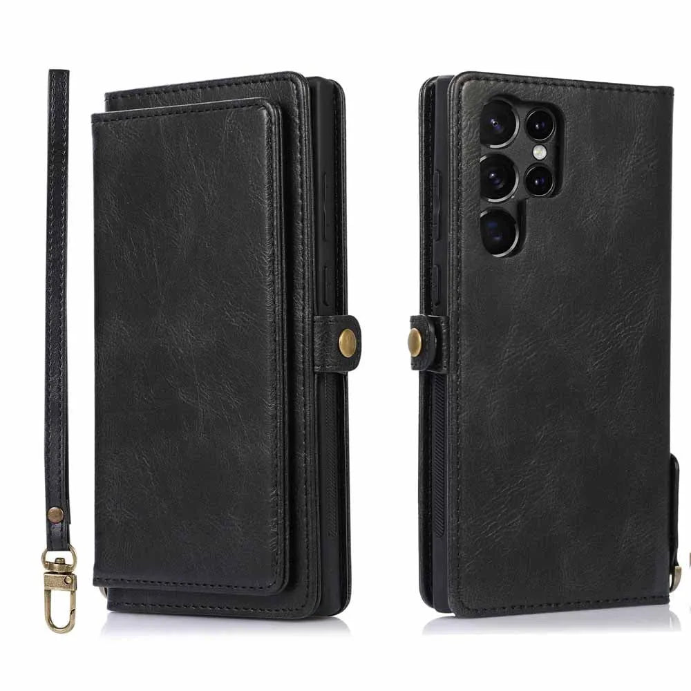 Multi-card leather crazy horse pattern magnetic suction phone case for Samsung with card slots and lanyard, black colour