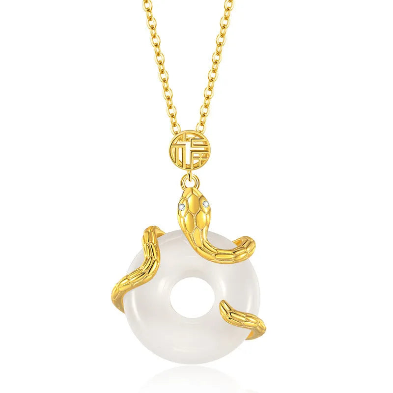 925 silver winding snake blessing necklace with adjustable O-ring chain in white gold finish, female clavicle length
