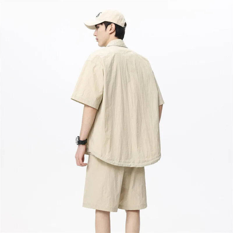 Men's loose-fitting hemp-blend casual shirt and shorts two-piece set in grey
