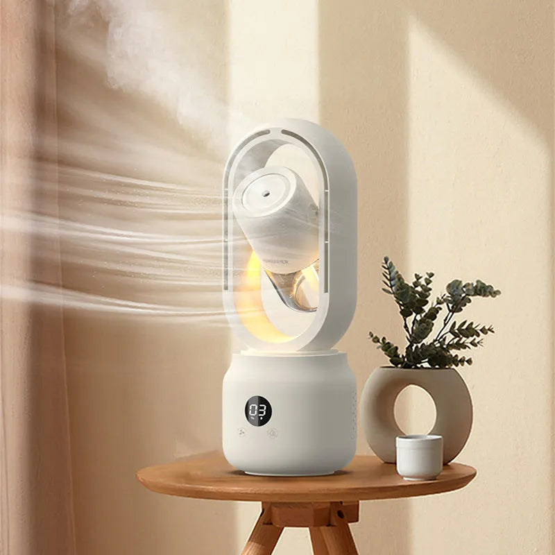 White bladeless table fan with water tank humidifier and digital control panel.