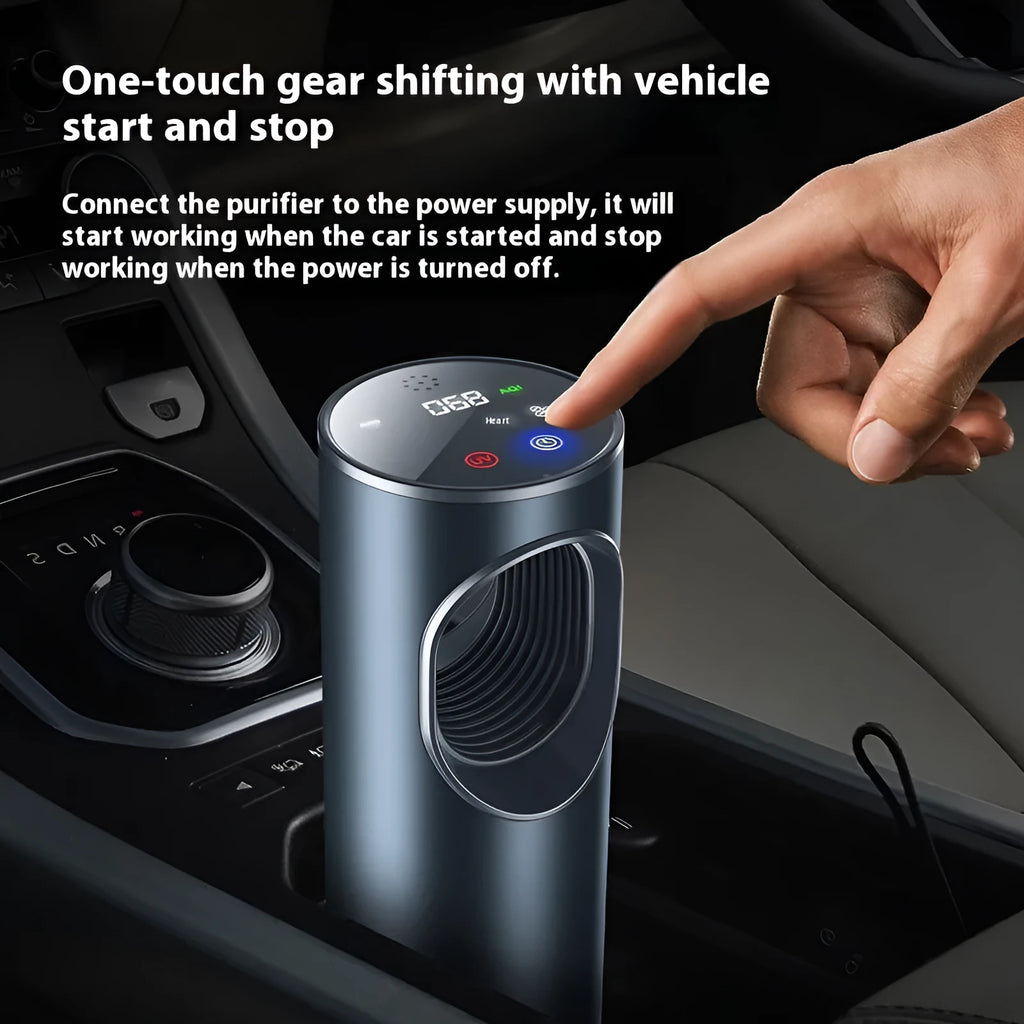 Black rectangular car air purifier with a USB cable, dimensions 68 by 187mm.