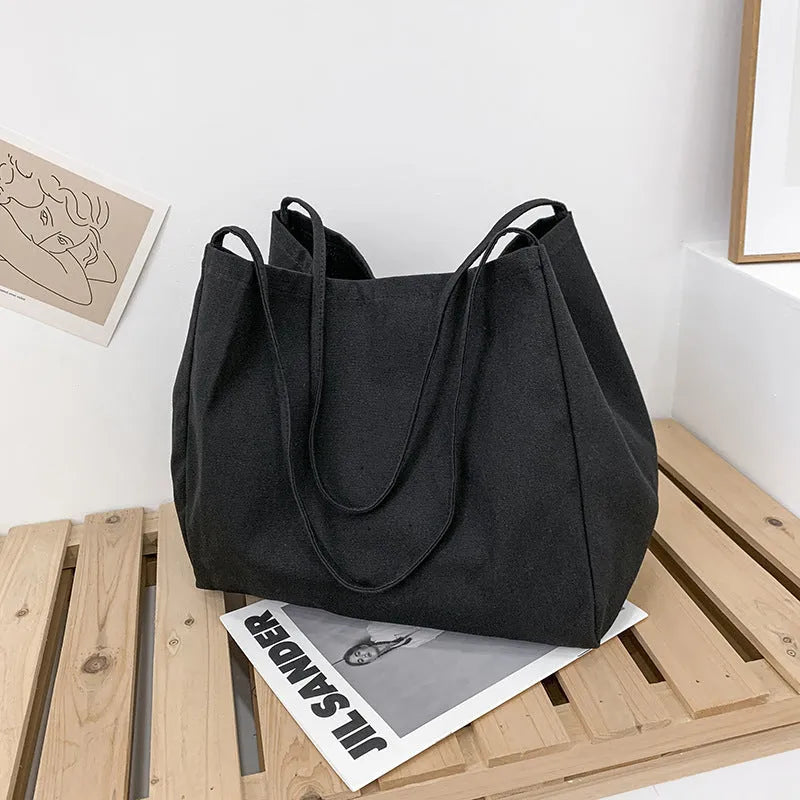 Women's solid colour canvas shopping bag with double shoulder straps and internal mobile phone pocket