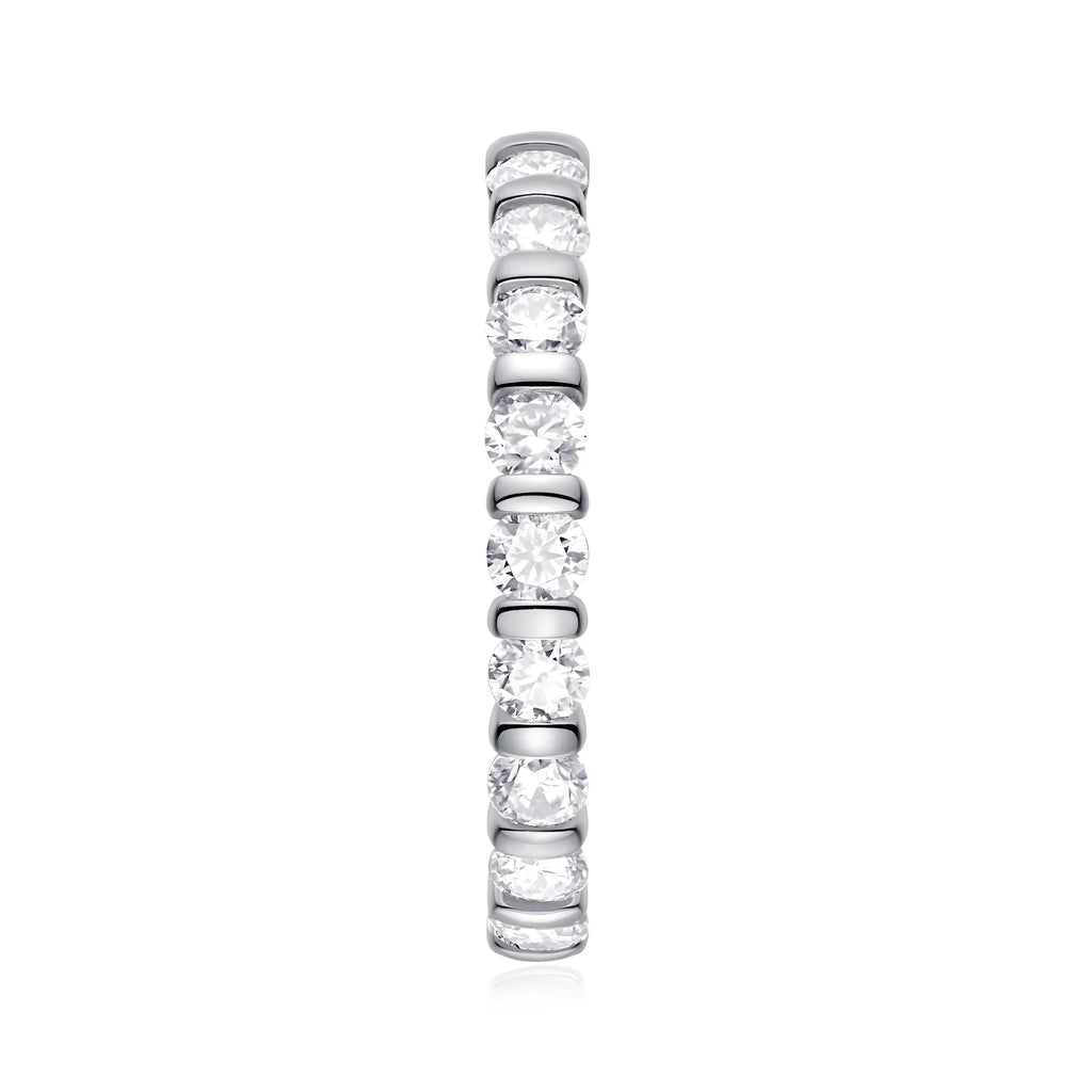 Starlight Love moissanite wedding ring set in platinum finish on white background with gift box and GRA certificate
