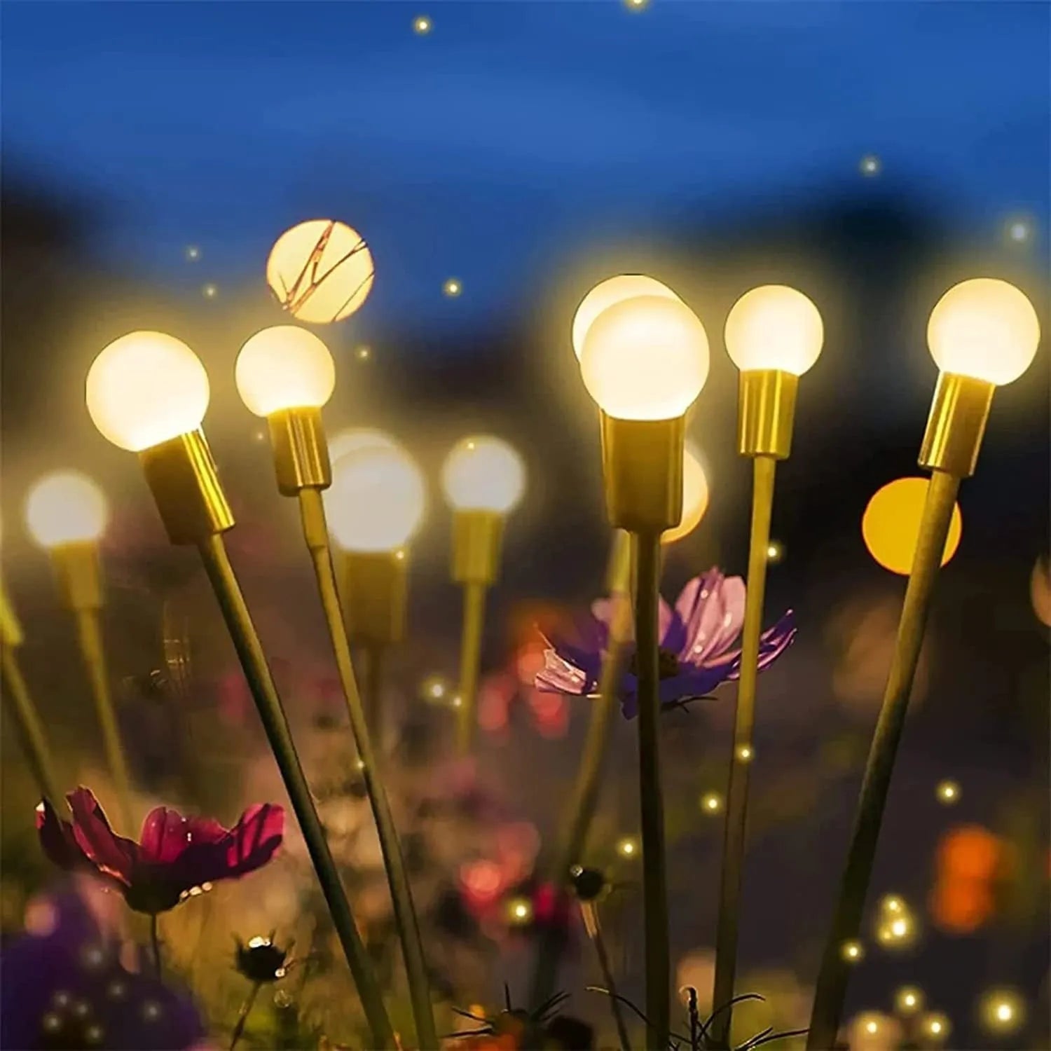 Set of solar-powered LED garden lights with ground spikes, showing firefly-style heads and solar panel.