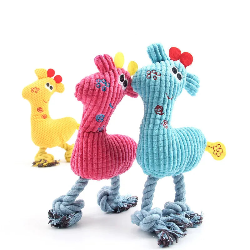 Blue deer-shaped plush dog toy with corn grain texture and squeaker for pet play