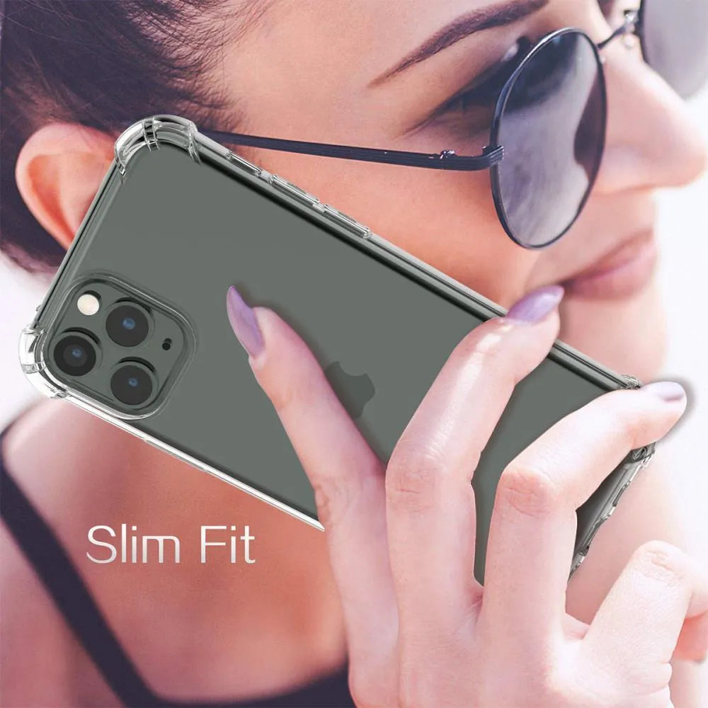 Clear shockproof TPU phone case for various iPhone models on a table.