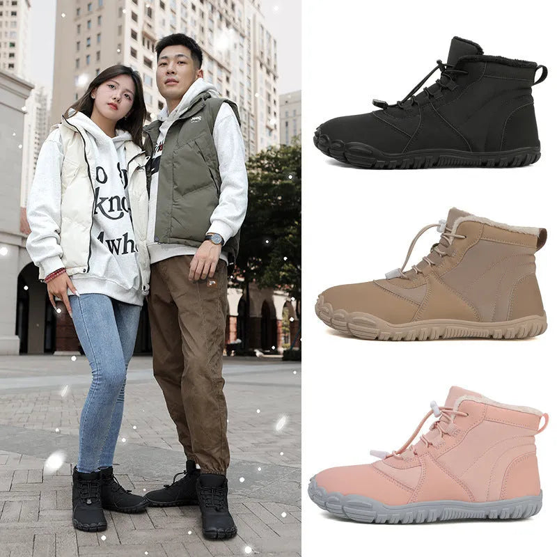 Outdoor snow boots in black, pink, or khaki with front lace-up, round toe, and low heel.