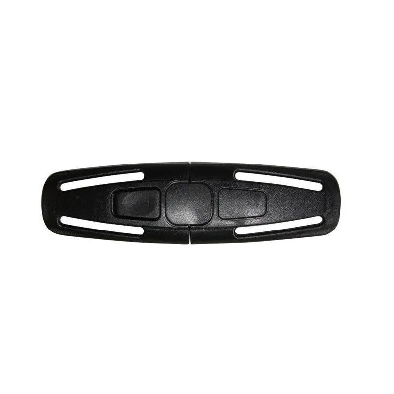 Black nylon child car seat harness buckle lock button measuring 14.5 by 4 centimetres.