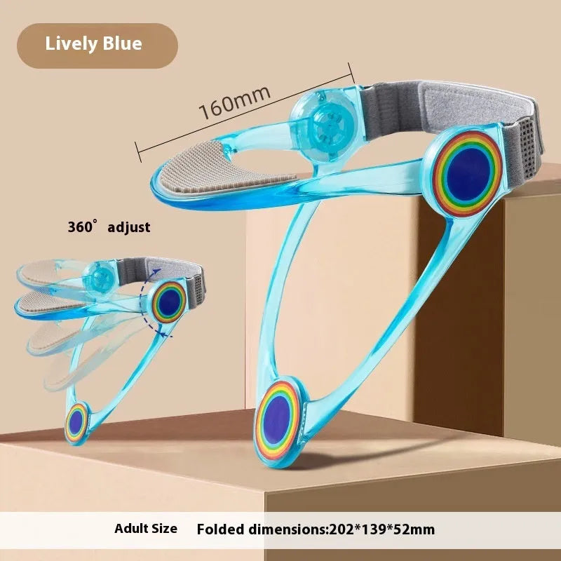 Adjustable neck brace for adults and children in blue, pink, and transparent colours.