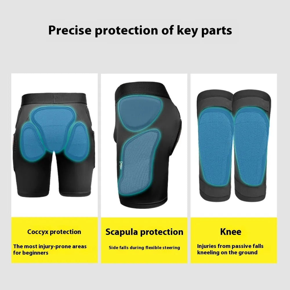 X-ray diffraction skiing protective hip pads and knee pads laid flat, showing slim design.