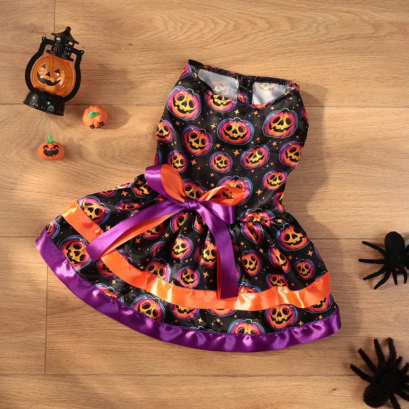 Halloween dog skirt costume in colourful pumpkin print, size medium, on a mannequin.