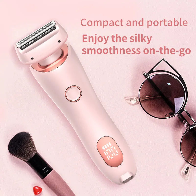 2 in 1 electric shaver for women, pink or blue, USB rechargeable, IPX7 waterproof, with square foil and round rotating heads.