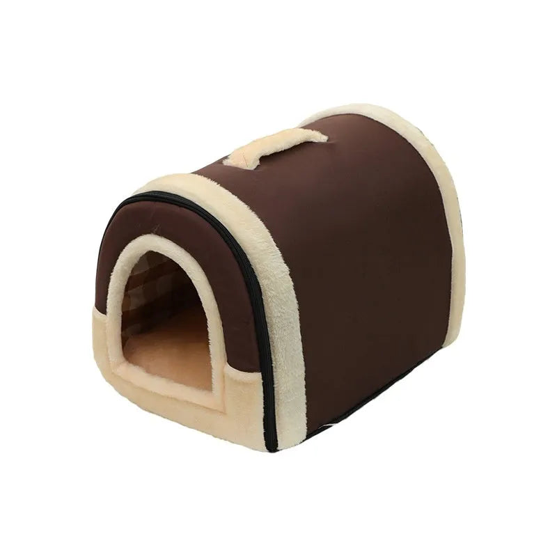 Portable handle cloth cat bed in S M L XL with patterned pink, blue, brown and green covers
