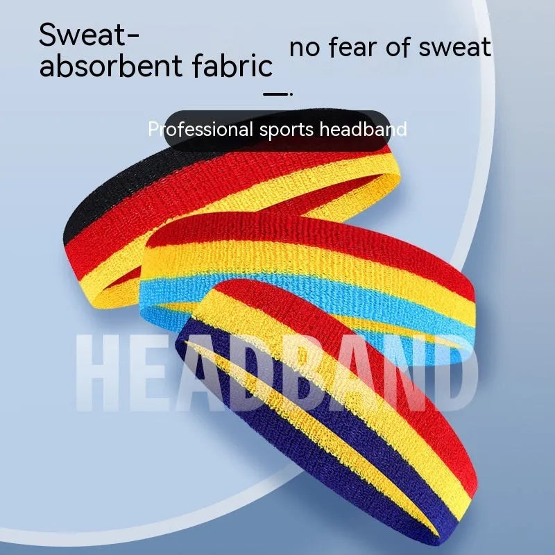 Adult sports headband in multi-colour design for running, basketball, and yoga.