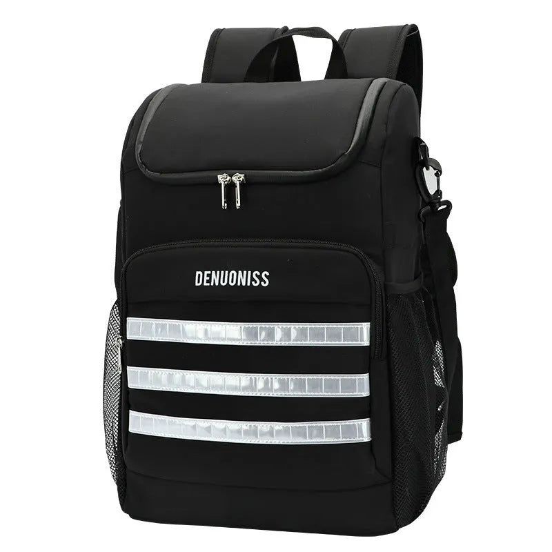 Insulated 20L beer backpack with shoulder-mounted bottle opener in black, blue, pink, or red