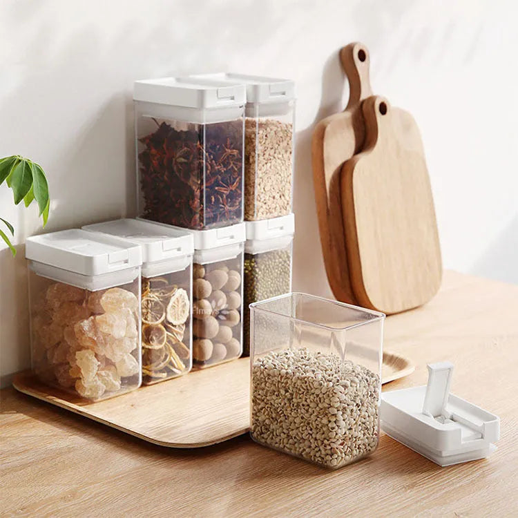 White and transparent Japanese-style plastic storage container for dry foods, 400ml capacity.