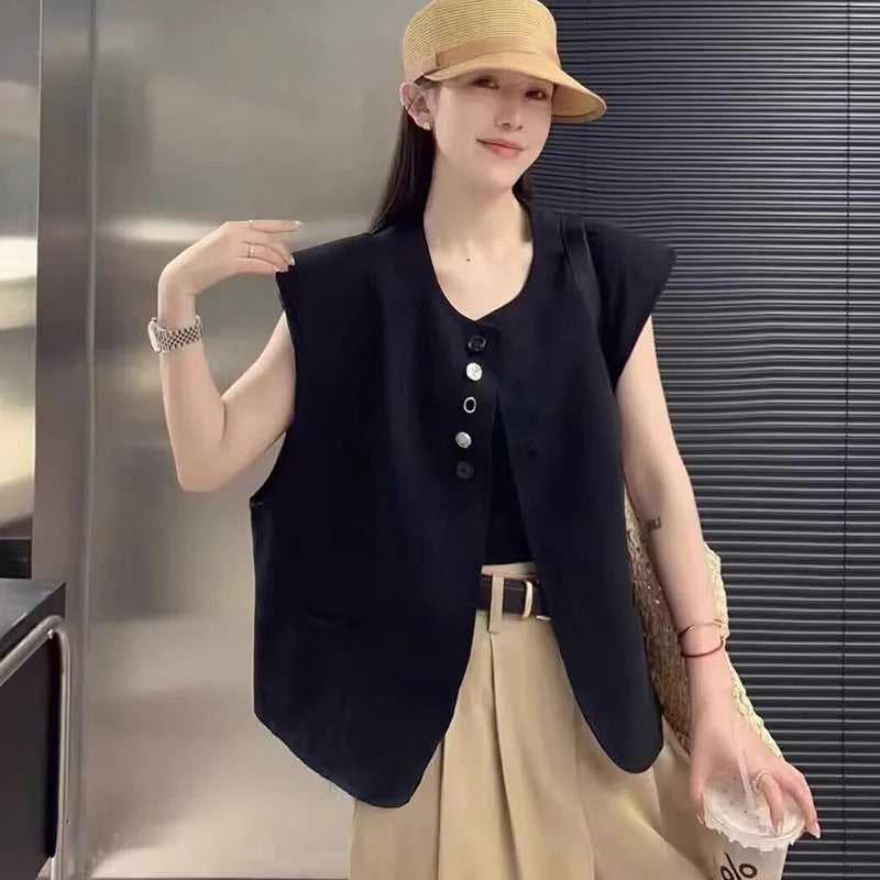 Women's loose-fit short-length polyester vest in milky white with side pockets