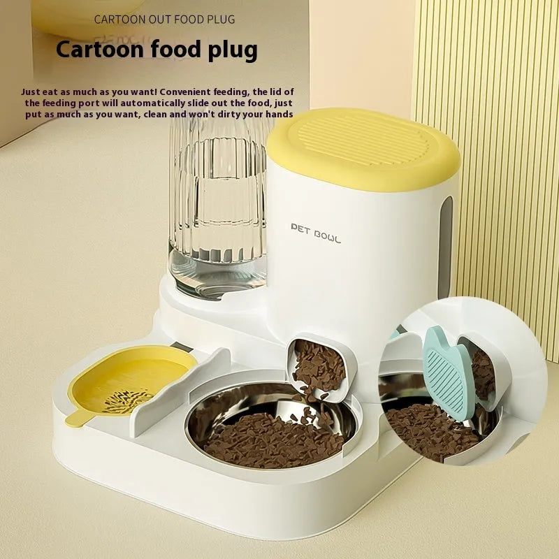 Automatic cat food and water fountain with integrated double stainless steel bowls in avocado green.
