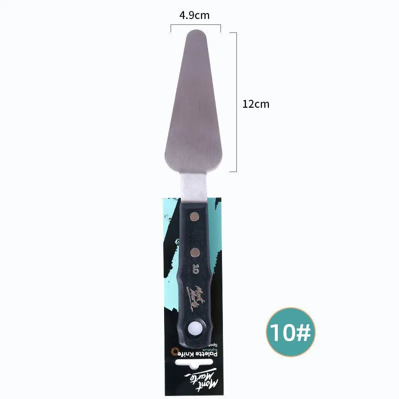 Three stainless steel oil painting scrapers showing No. 3, No. 10, and No. 12 palette knives
