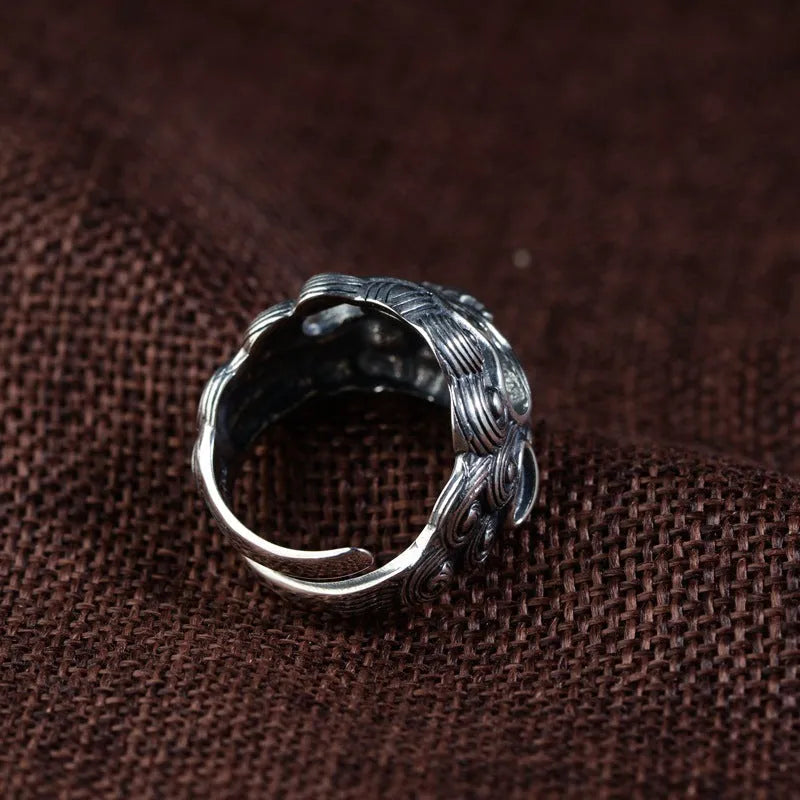 Silver open ring with Jibeast pattern animal zodiac design and adjustable sizing