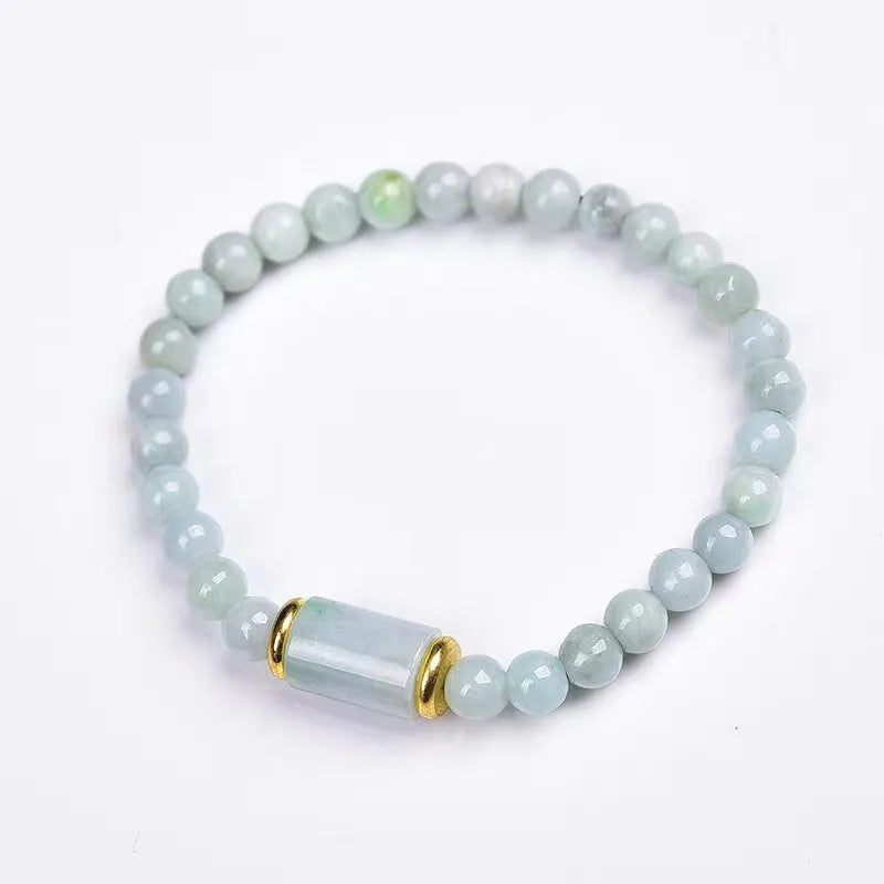 Natural Myanmar jade round ice stone bracelet in emerald green with geometric ethnic style design